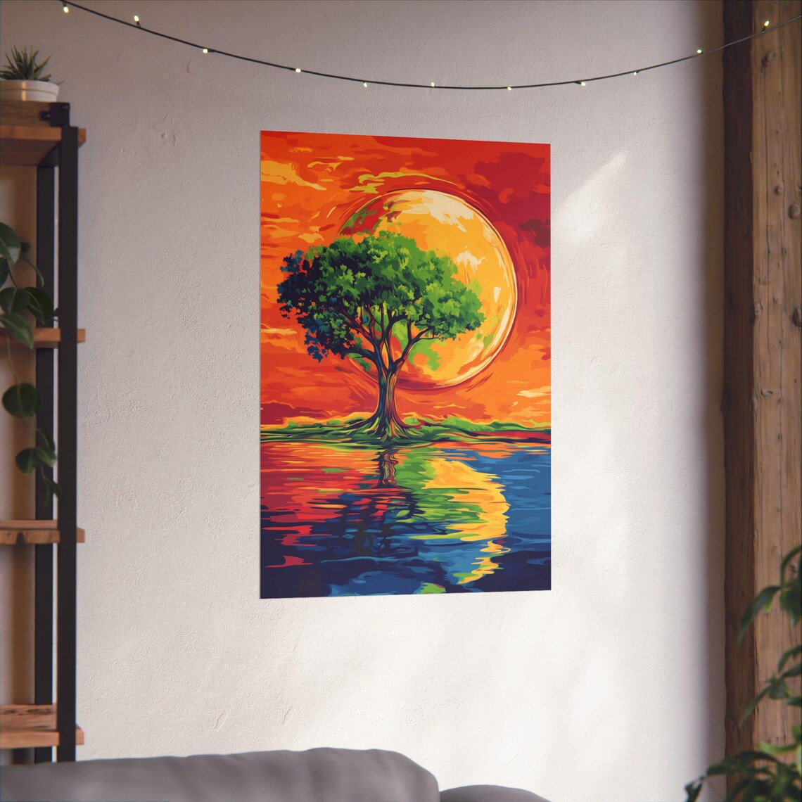 Sunset Tree By The Water Colorful Reflecting Lake Nature Art Poster - Image 3