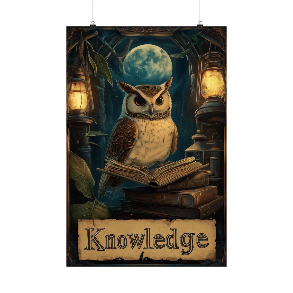 Knowledge Owl Books Moonlit Night Library Vintage Art Poster - Image 4