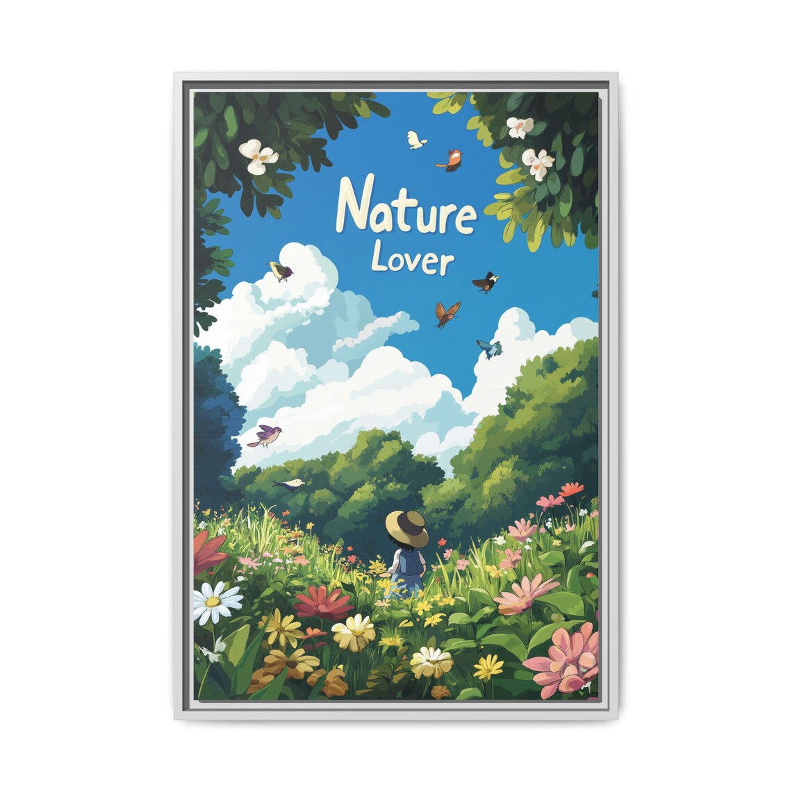Nature Lover Anime Girl in Wildflower Meadow with Birds Poster