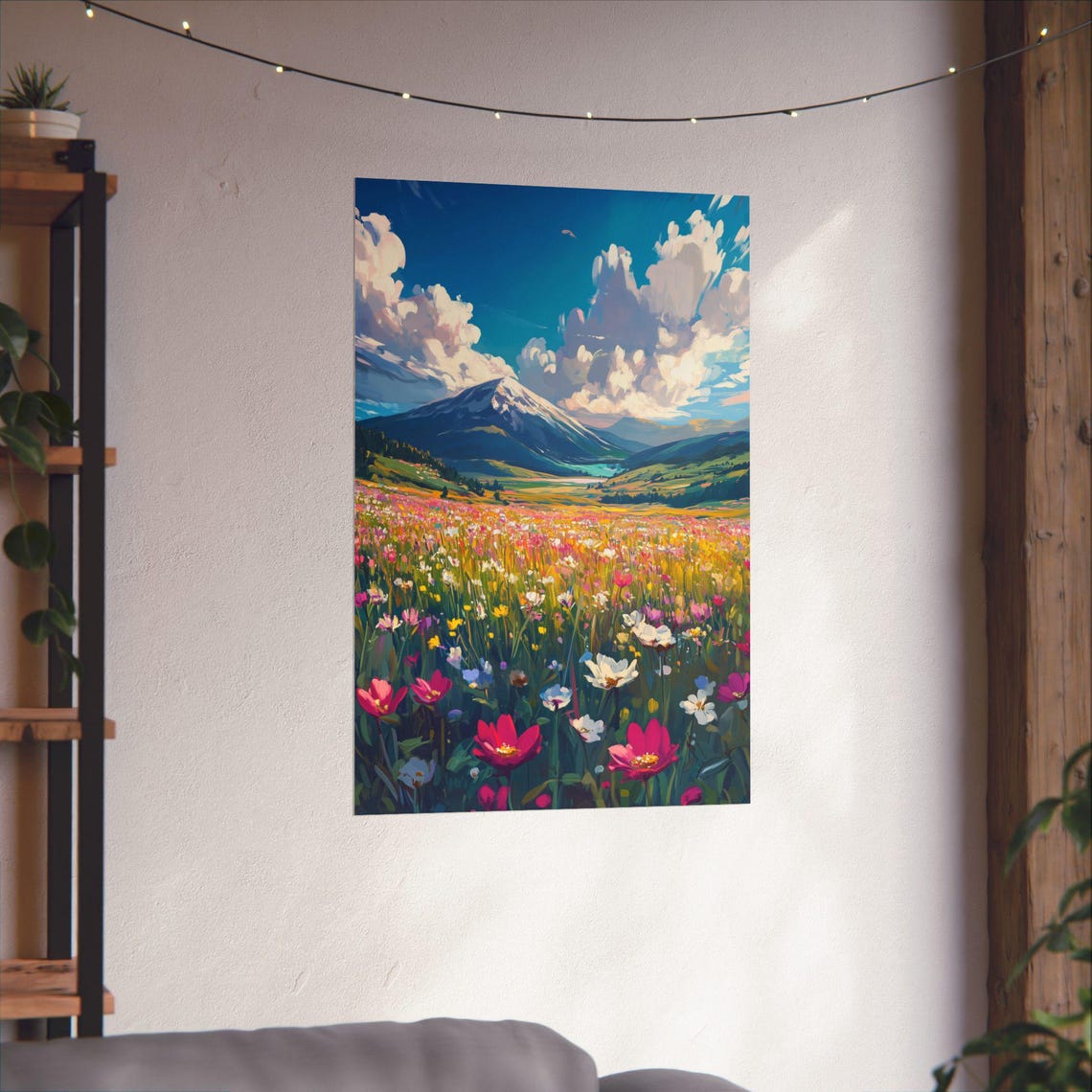 Wildflower Meadow to Snowy Mountain Summer Cloudscape Painting Print - Image 4