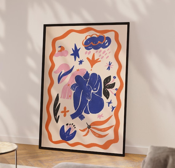 Abstract Blue Woman With Celestial Stars Matisse Style Art Poster