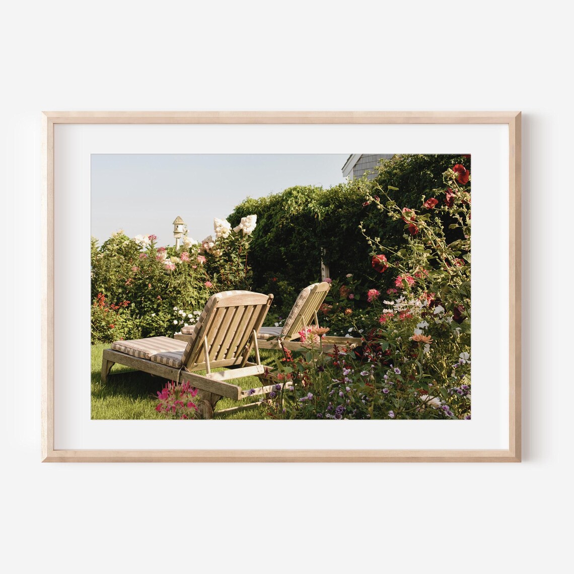 Flower Garden with Wooden Chaise Loungers Nantucket Summer Poster