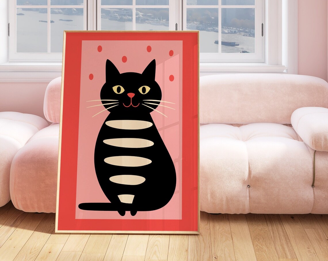 Black Cat Cream Stripes Pink Mid Century Modern Cute Feline Poster