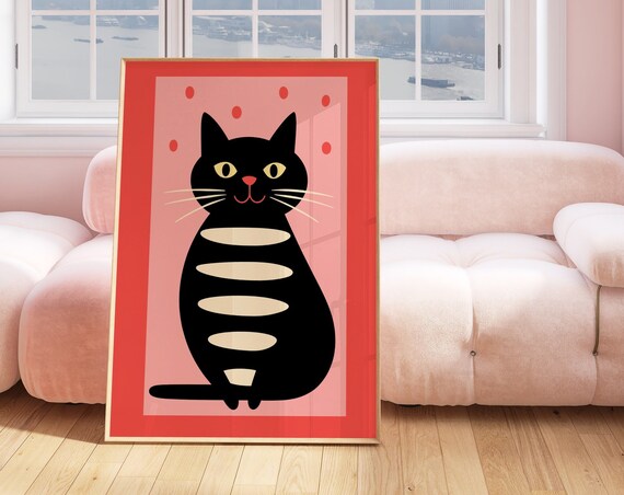 Black Cat Cream Stripes Pink Mid Century Modern Cute Feline Poster