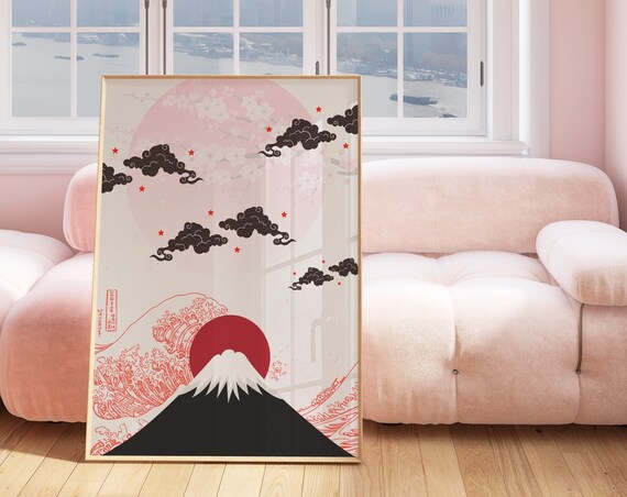 Japanese Landscape Print Blush Pink Cute Japan Wall Art Mountain Sunset Wall Decor Black White Girly Scenery Poster