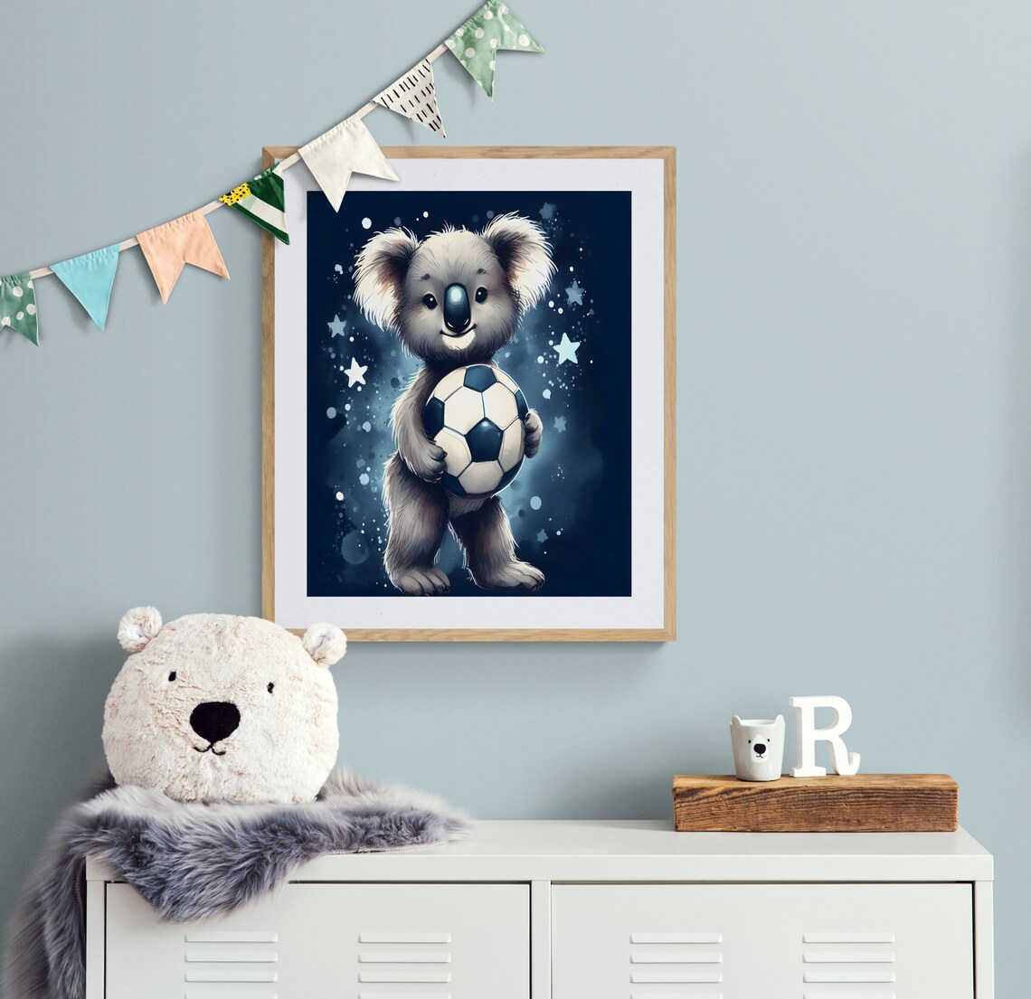 Koala Holding Soccer Ball Navy Starry Watercolor Nursery Sports Poster - Image 2