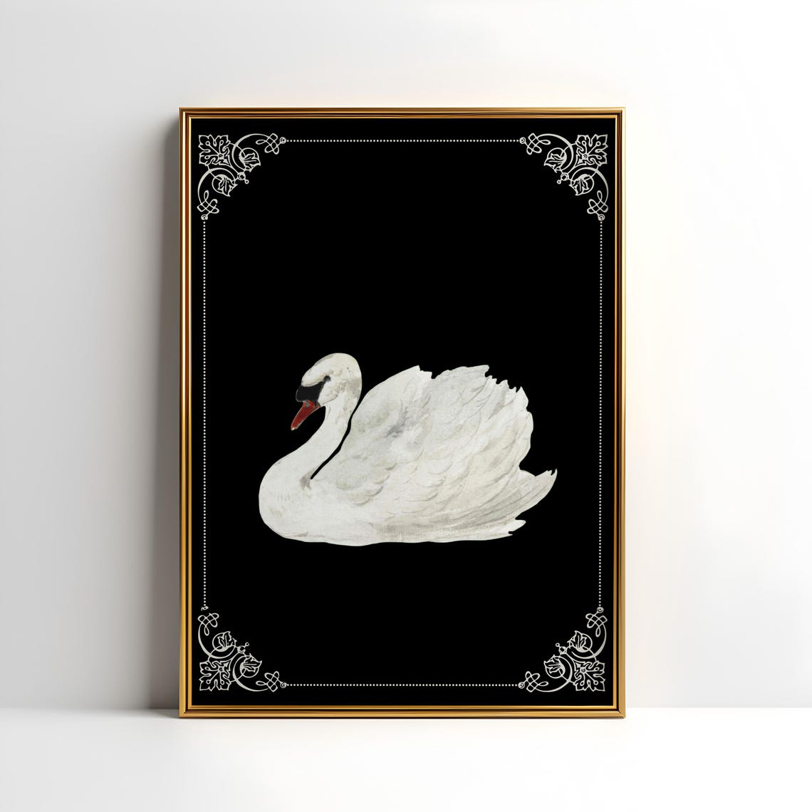 White Swan On Black Background Elegant Vintage Animal Art Poster