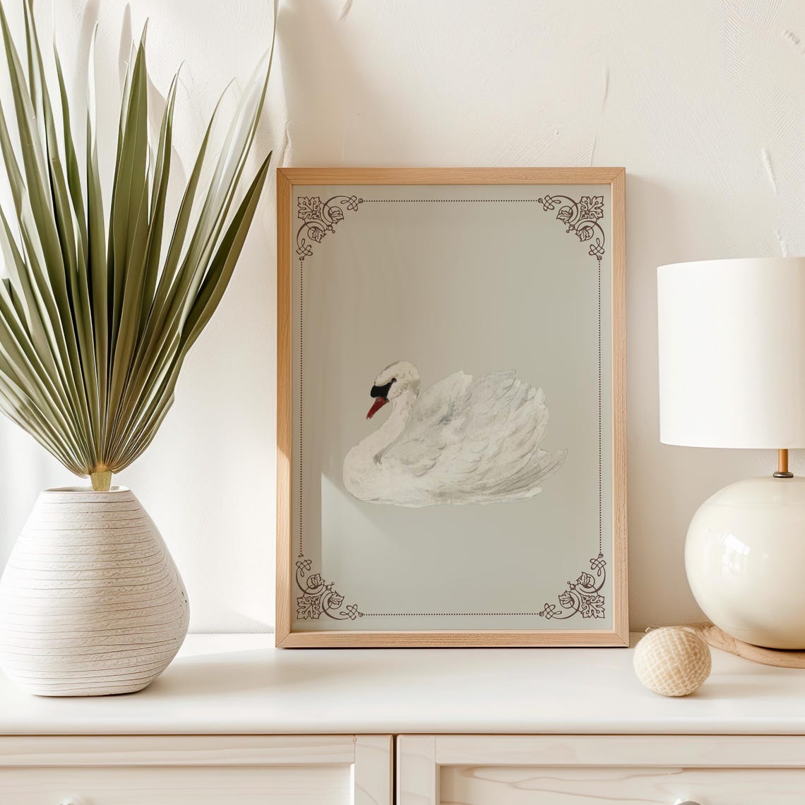White Swan On Soft Light Grey Vintage Ornate Animal Art Poster - Image 4