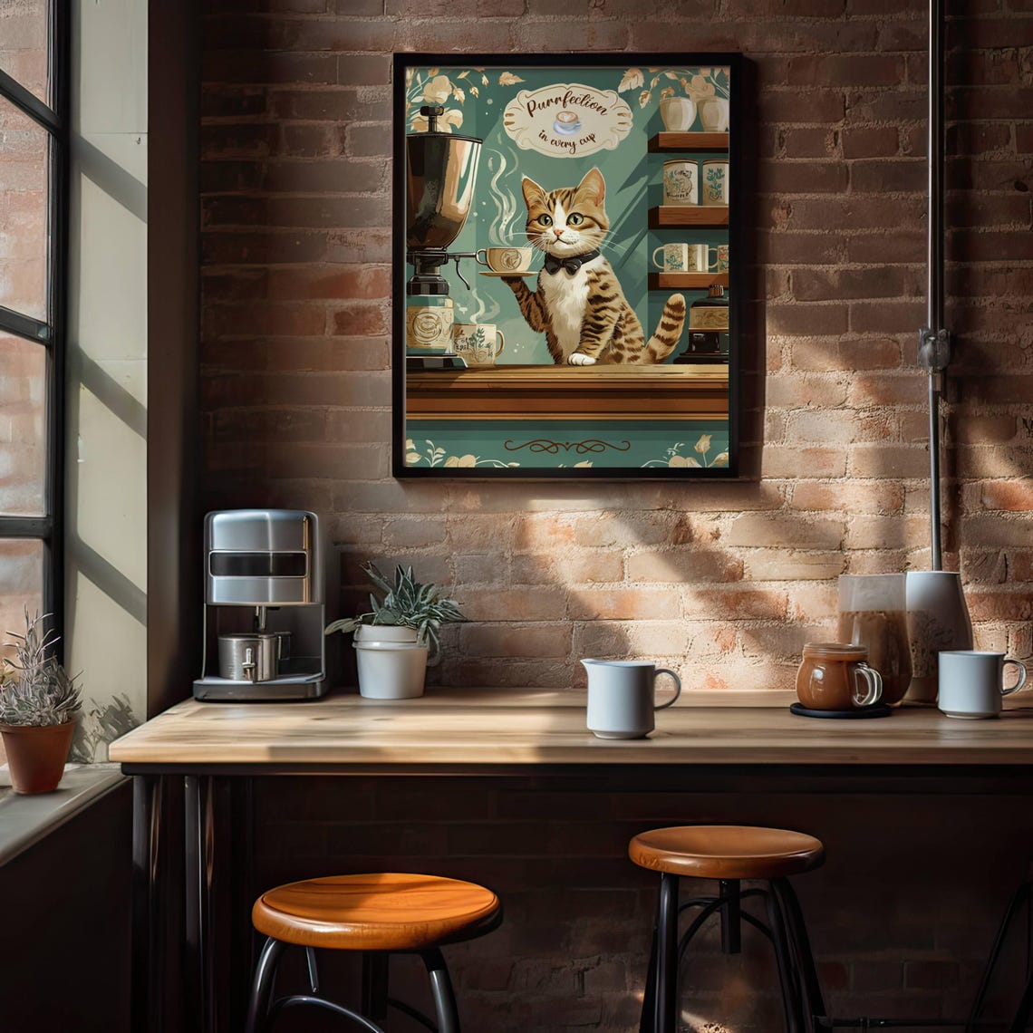 Dapper Tabby Cat Barista in a Bow Tie Serving a Steaming Latte Poster - Image 2