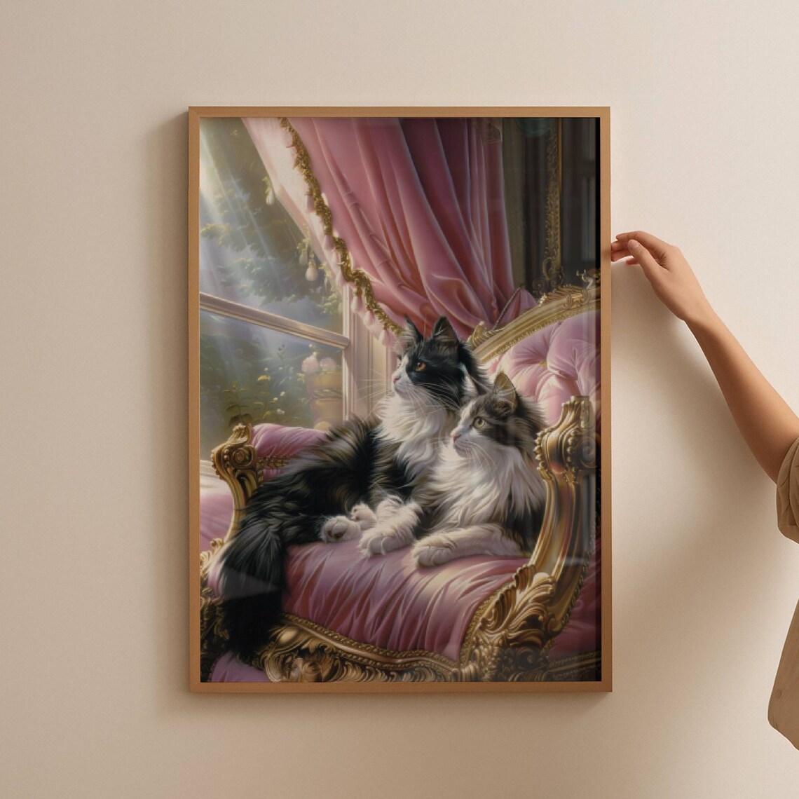 Two Tuxedo Cats Lounging On A Baroque Pink Velvet Sofa Oil Poster - Image 6