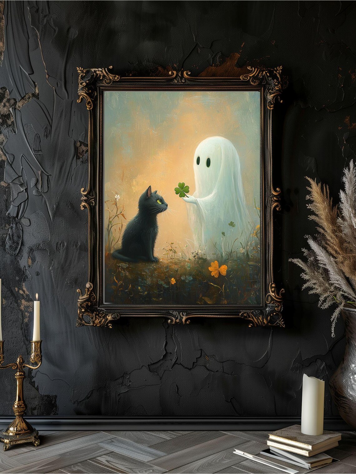 Black Cat And Ghost With Four Leaf Clover Art Print - Image 4