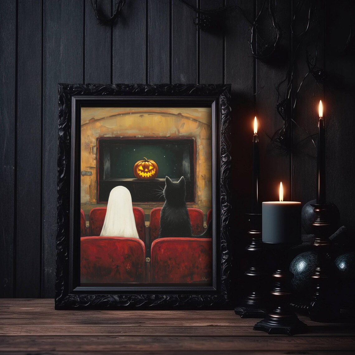 Ghost and Black Cat Watching a Pumpkin Movie in a Theater Poster - Image 3