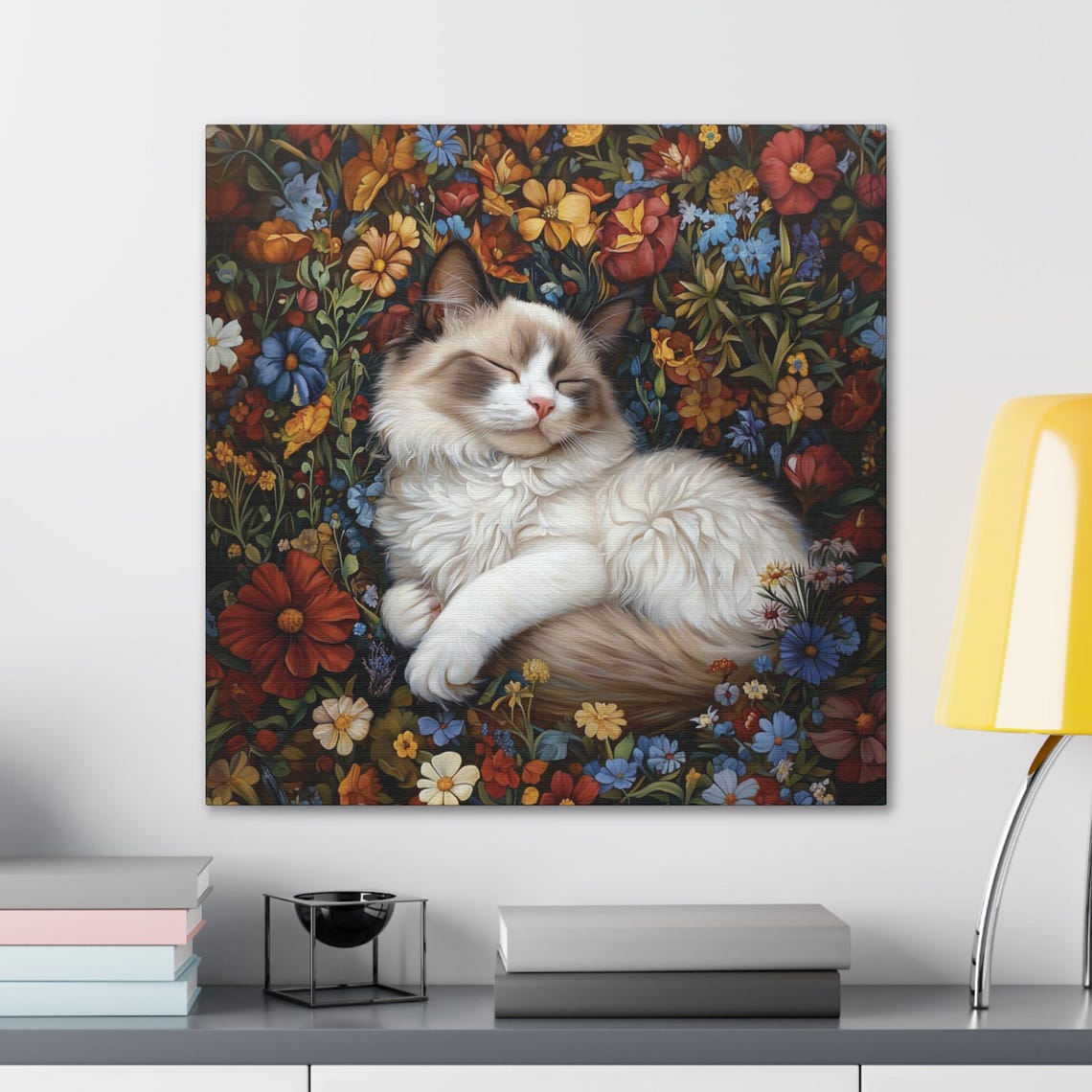Fluffy Ragdoll Cat Sleeping in a Vibrant Wildflower Garden Poster - Image 2