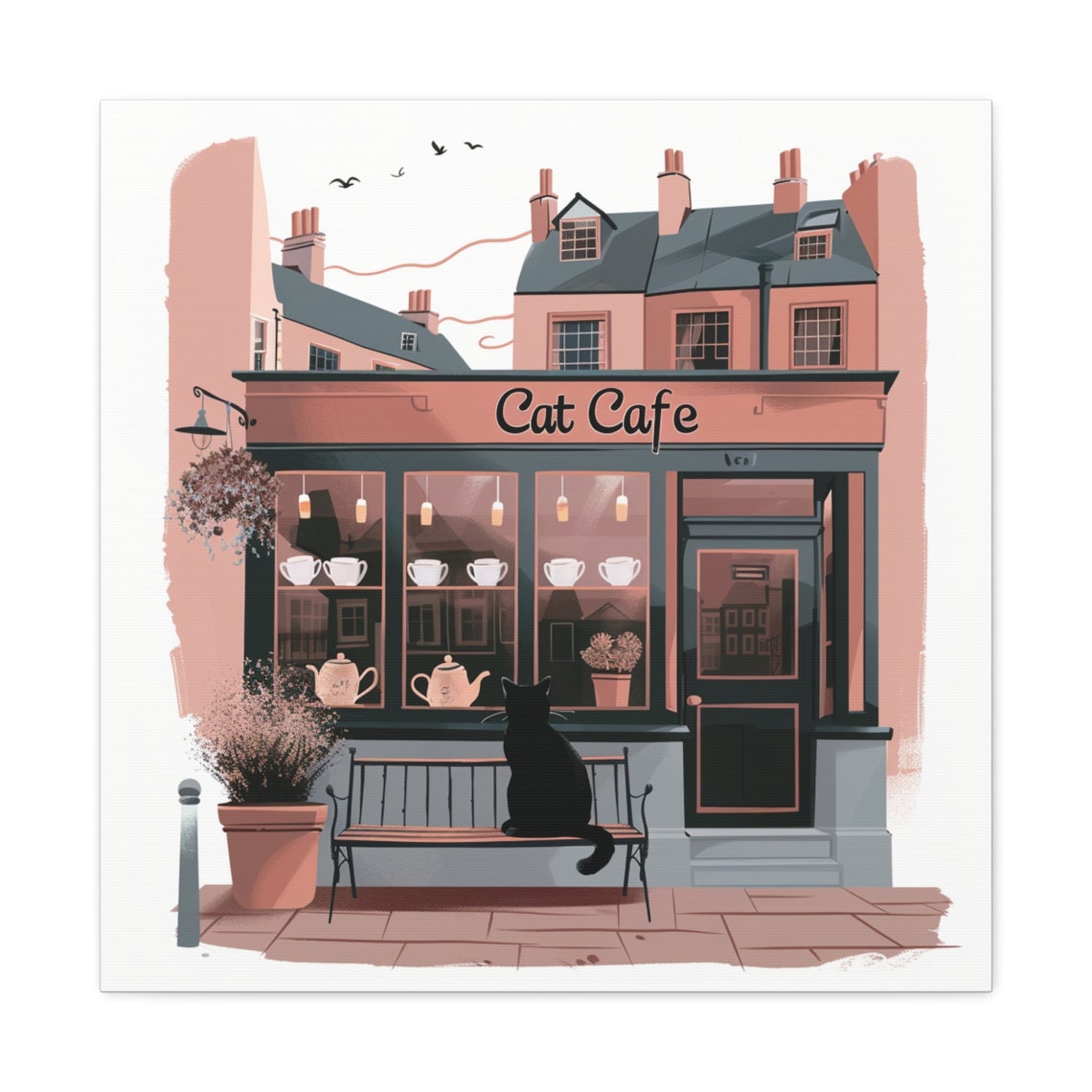 Cat Cafe Storefront With Black Cat on Bench Coffee Shop Poster - Image 2