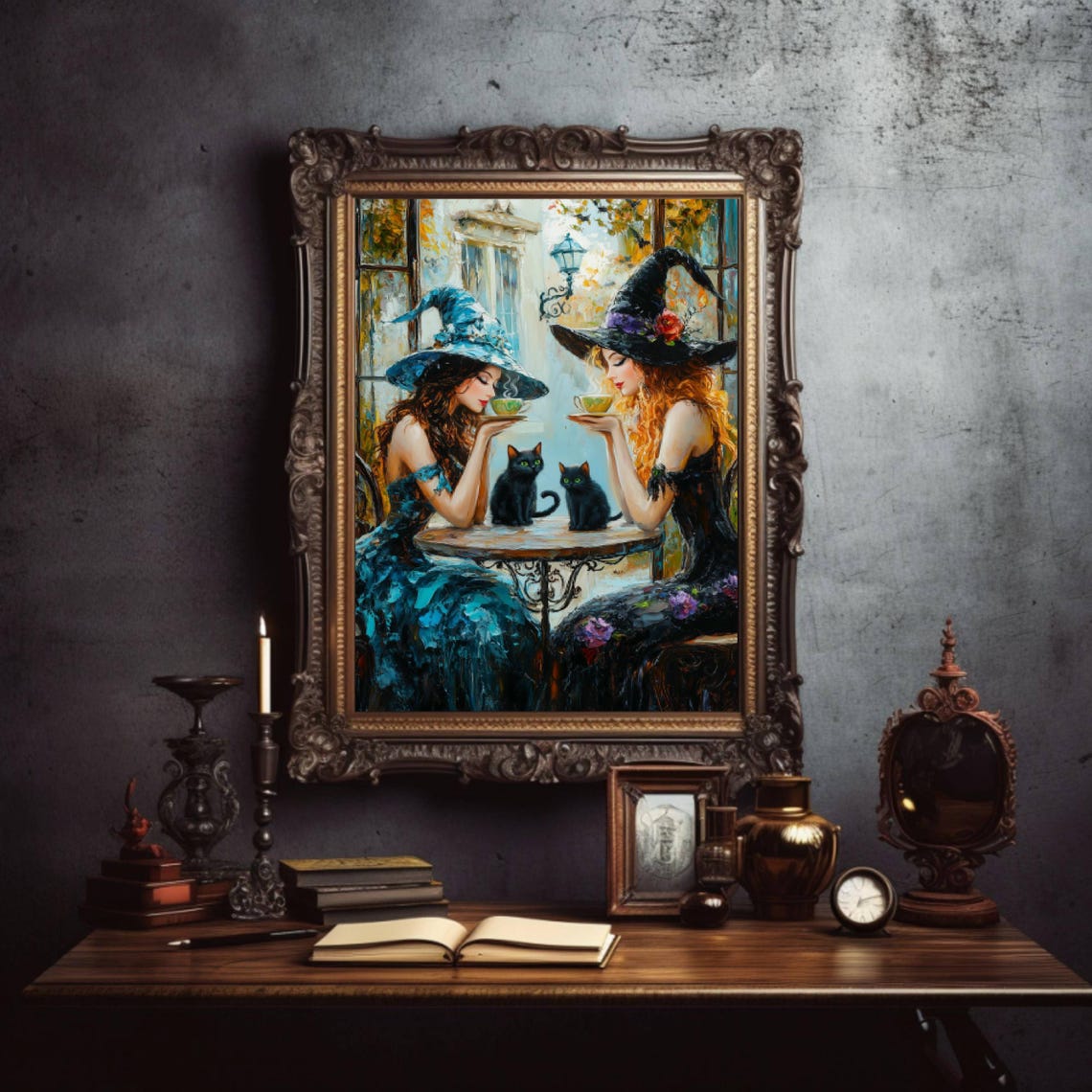 Two Witches Sharing Tea With Black Cats at a Sunlit Cafe Poster - Image 3