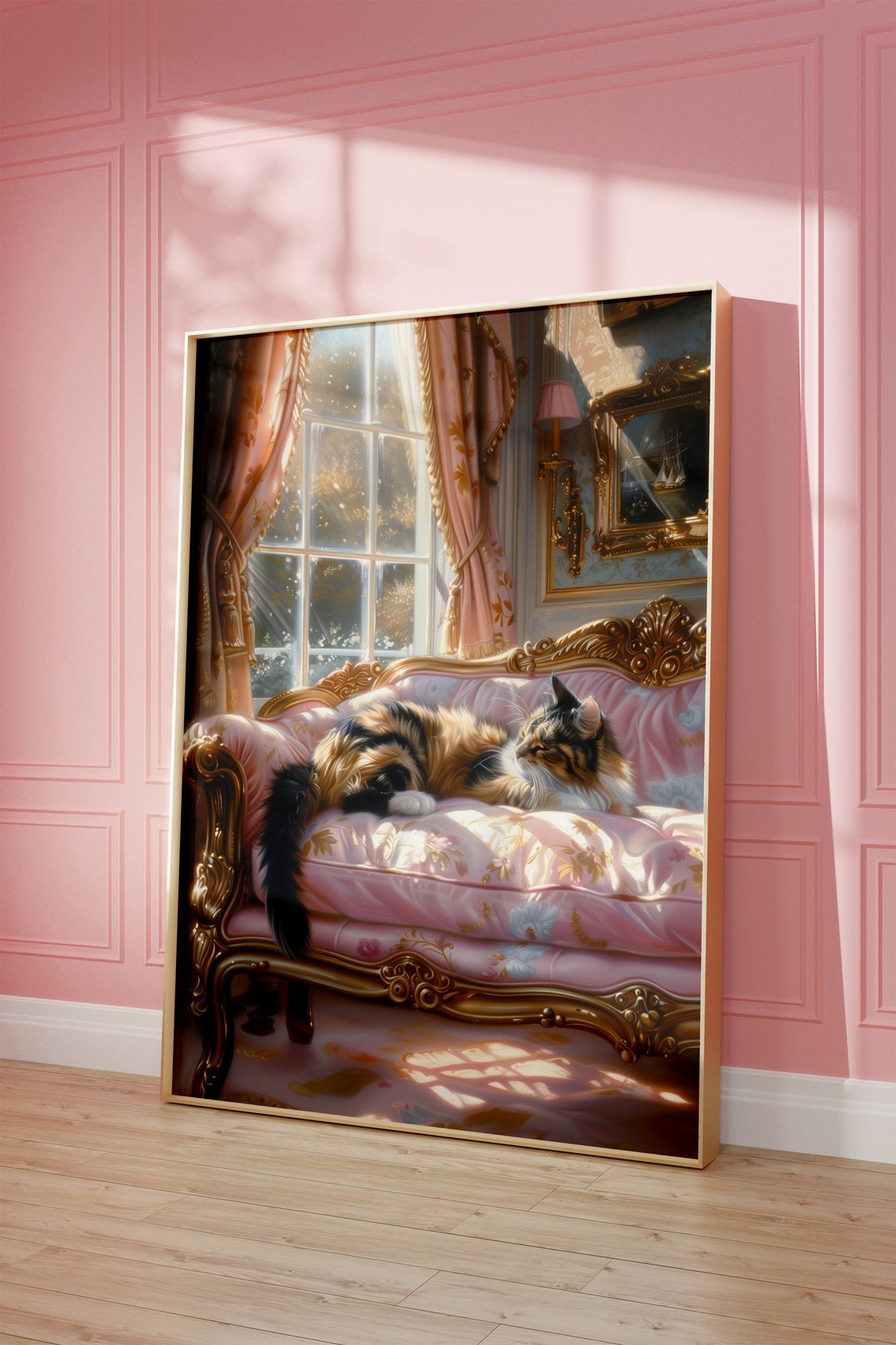 Long Haired Calico Cat Lounging On A Pink Baroque Chaise Poster