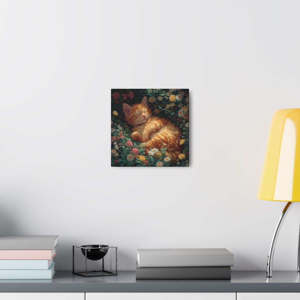 Orange Kitten Curled Up Asleep in a Dark Wildflower Bed Poster - Image 2