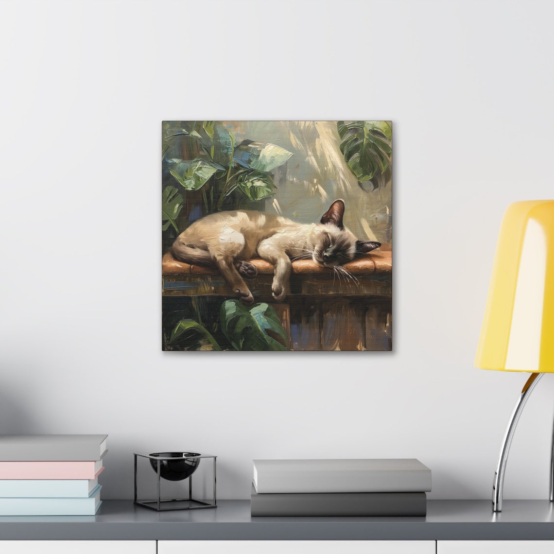 Sleeping Siamese Cat on a Wooden Bench Surrounded by Monstera Poster - Image 3
