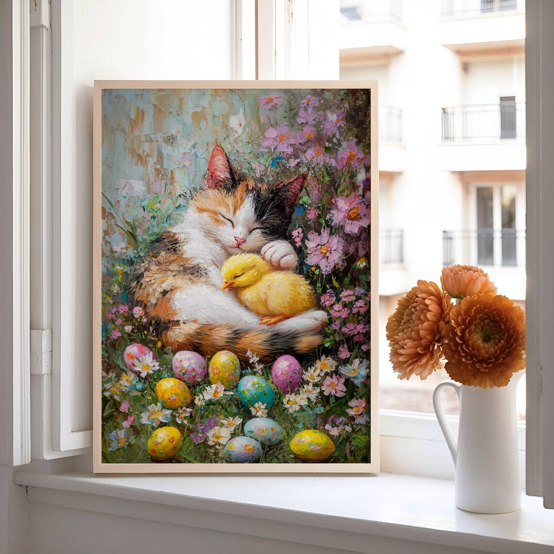 Sleepy Calico Cat Cuddling a Yellow Chick Among Painted Easter Eggs Poster - Image 6