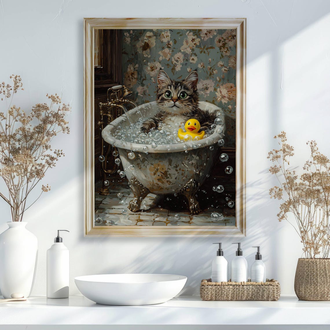 Fluffy Tabby Kitten With a Rubber Duck in a Bubble Bath Poster - Image 7