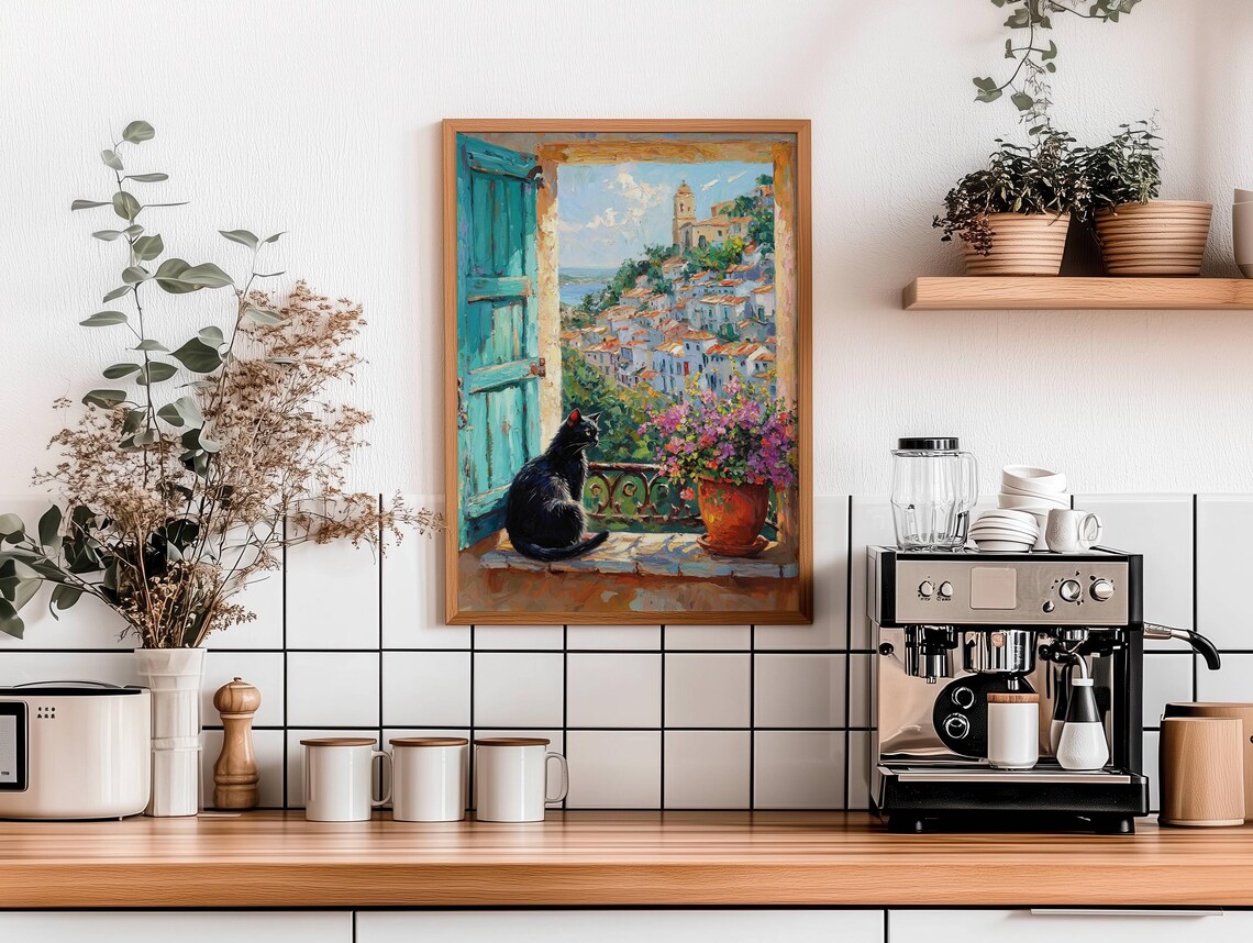 Black Cat on a Balcony Overlooking a Coastal Village Teal Window Poster - Image 4