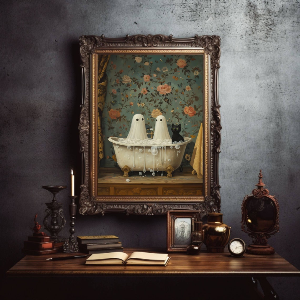 Two Cute Ghosts And A Black Cat In A Bubble Bath Whimsy Poster - Image 4