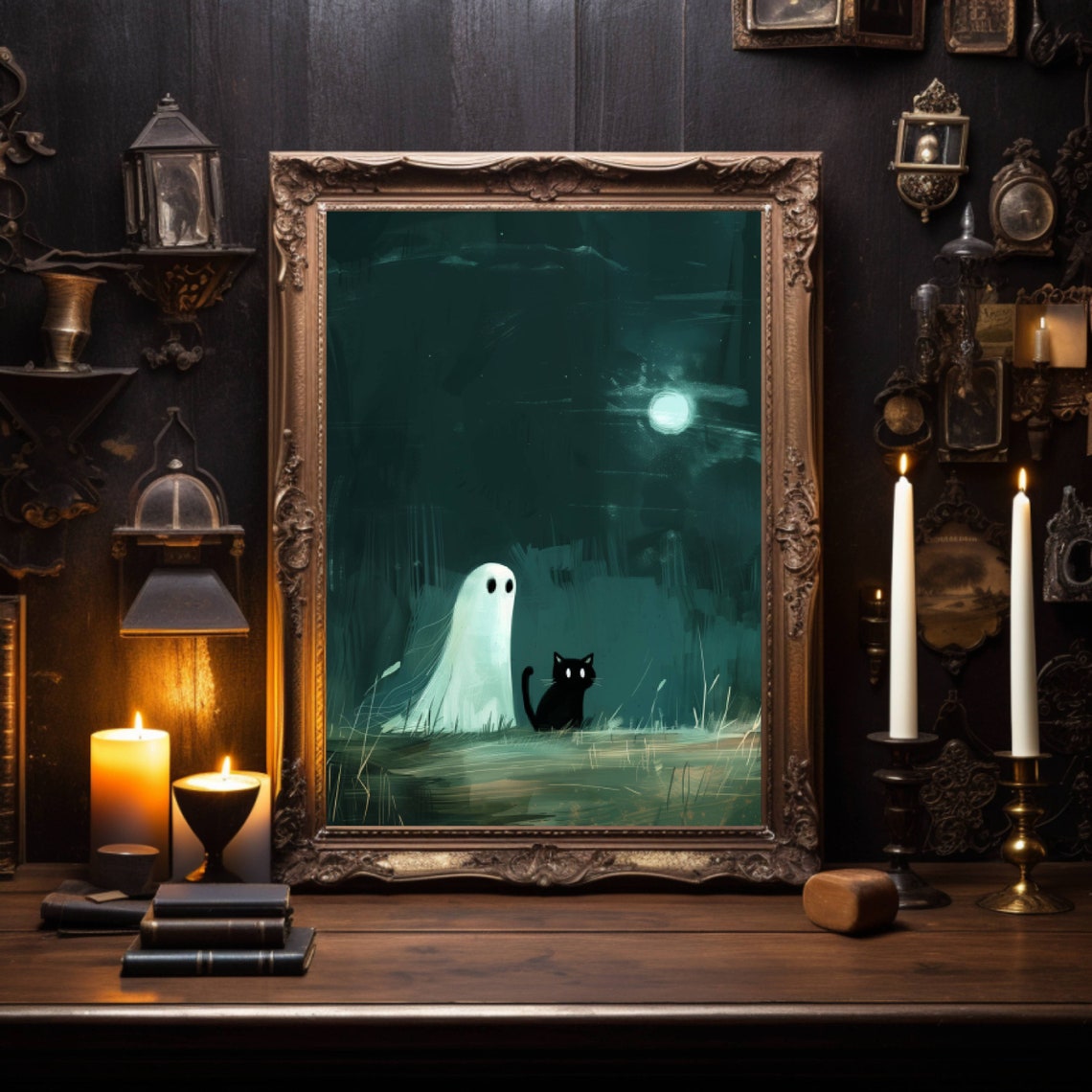 Ghost And Black Cat On A Hill Under The Full Moon Night Poster - Image 3