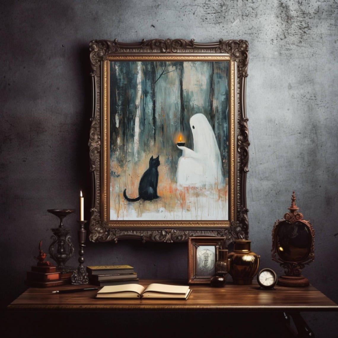 Ghost With A Lit Candle And Black Cat In A Misty Forest Poster - Image 4