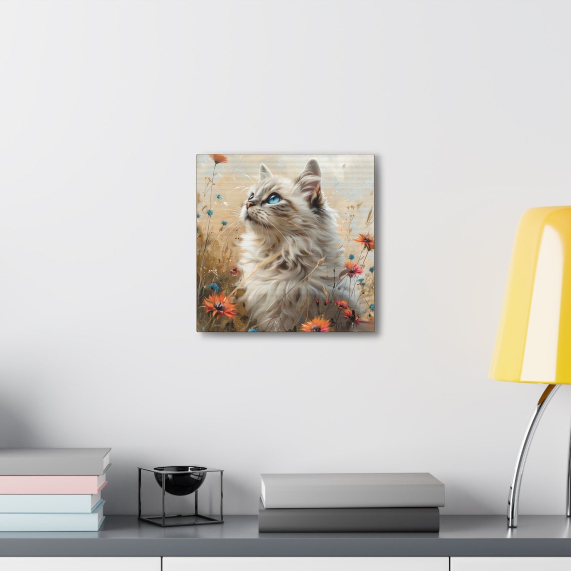 Blue Eyed Fluffy White Cat in a Wildflower Meadow Scene Poster - Image 4
