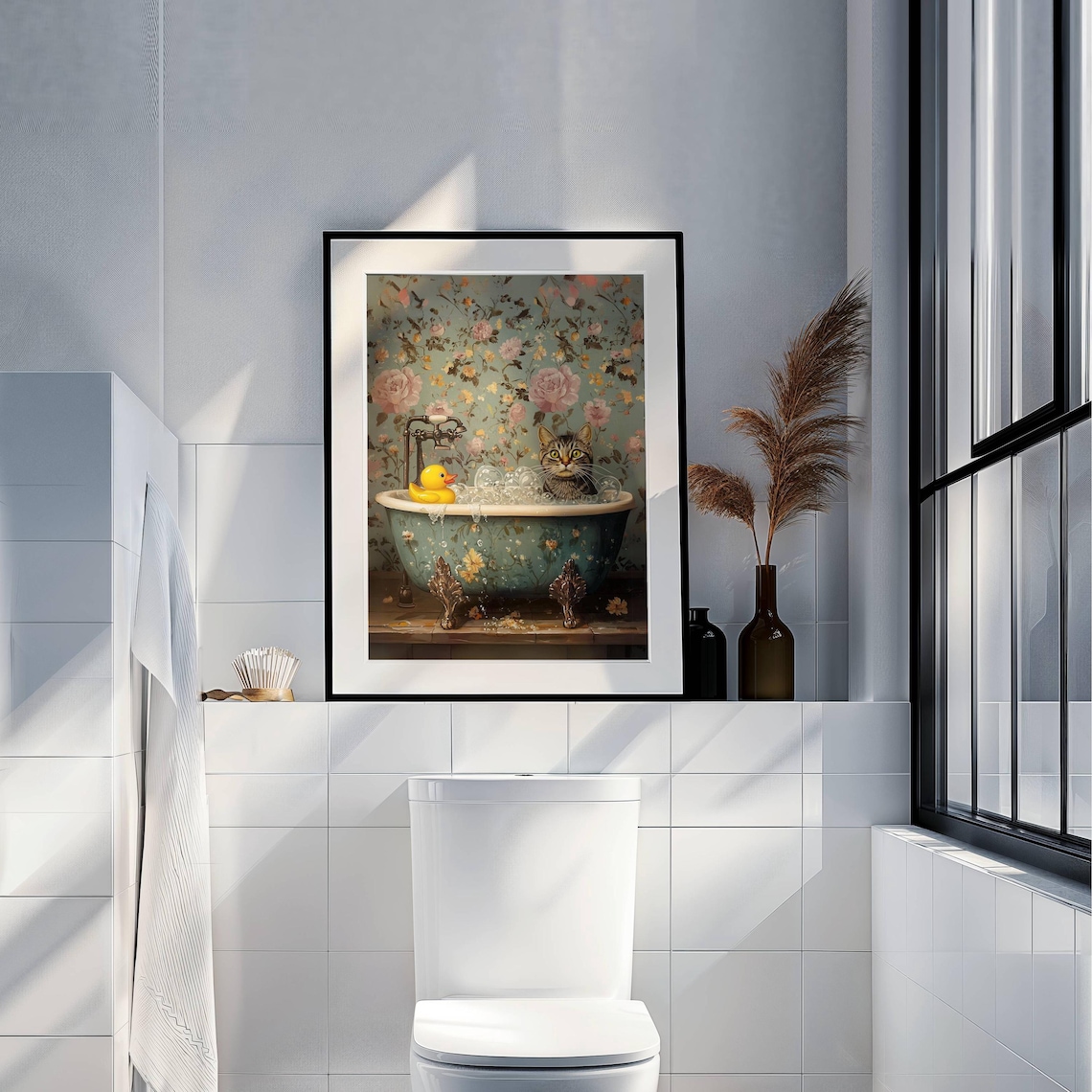 Gray Tabby and Rubber Duck Bubble Bath Art Print - Image 4