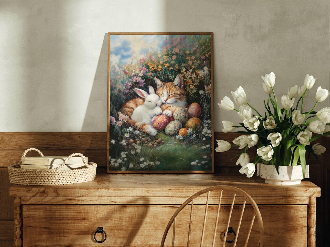 Easter Sleeping Orange Tabby Cat and Bunny Poster - Image 7
