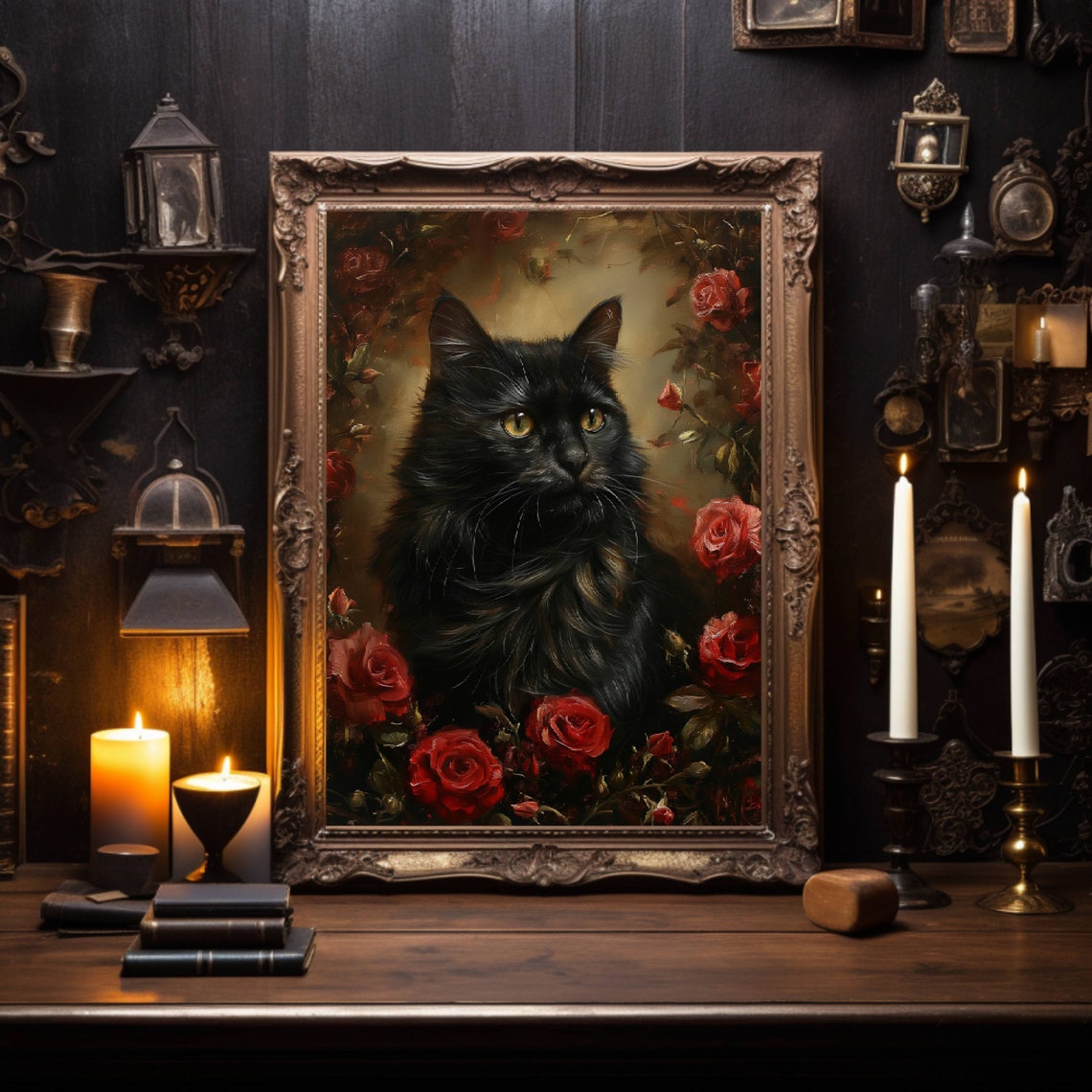 Long Haired Black Cat Portrait Surrounded By Red Roses Oil Poster - Image 6