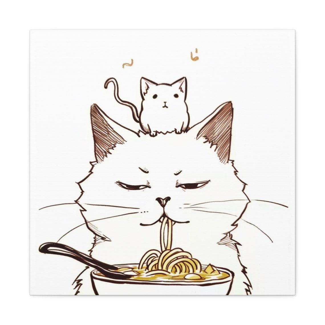 Minimalist White Cat Slurping Ramen Noodles Cute Line Art Poster - Image 5