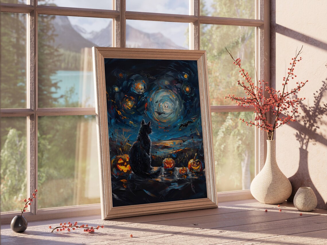 Spooky Night Halloween Black Cat Poster Print - Image 3