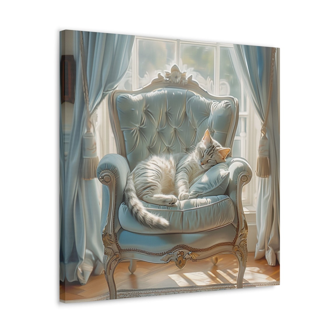 Sleeping Silver Tabby Cat Curled on a Blue Tufted Chair Poster - Image 5