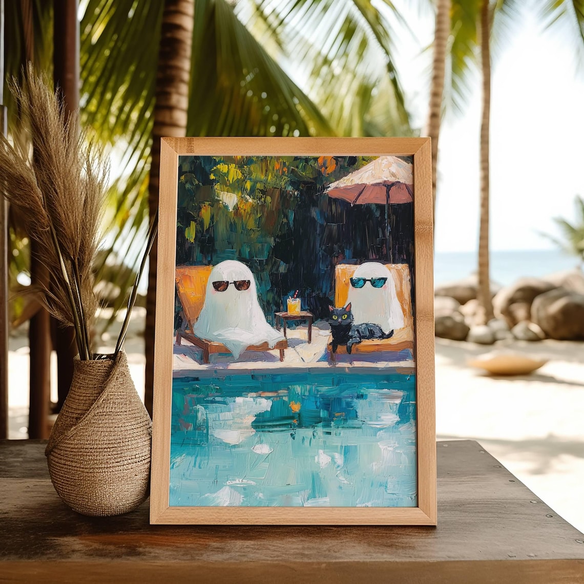 Ghosts And Black Cat At Pool, Whimsigoth Print - Image 4