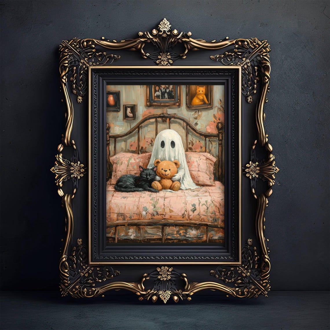 Ghost Cuddling a Teddy Bear on a Bed With a Sleeping Cat Poster - Image 3