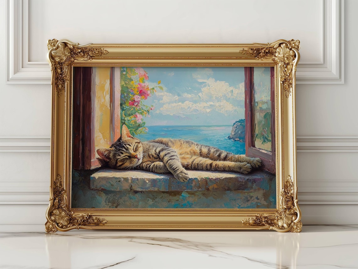 Tabby Cat on Villa Windowsill, Italian Art Print