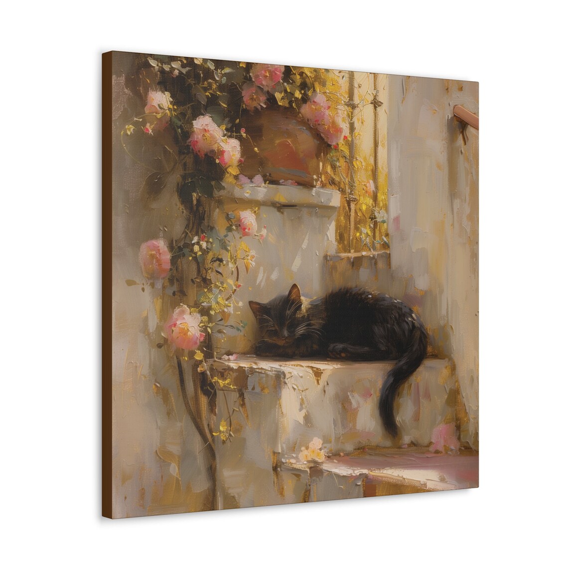 Black Cat Sleeping on Stone Steps With Pink Flowers Impressionist Poster - Image 3