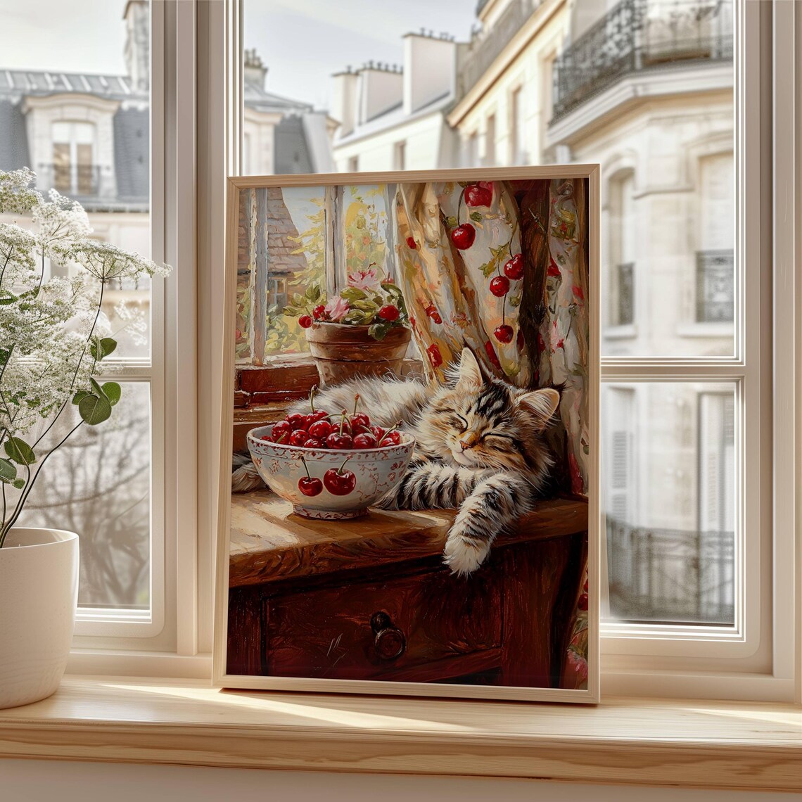 Tabby Cat Farmhouse Kitchen Art Print with Cherries - Image 5