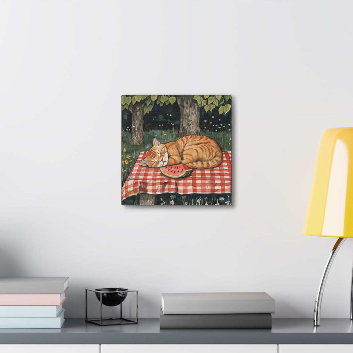Ginger Cat Sleeping on Picnic Blanket With Watermelon Slice Poster - Image 6