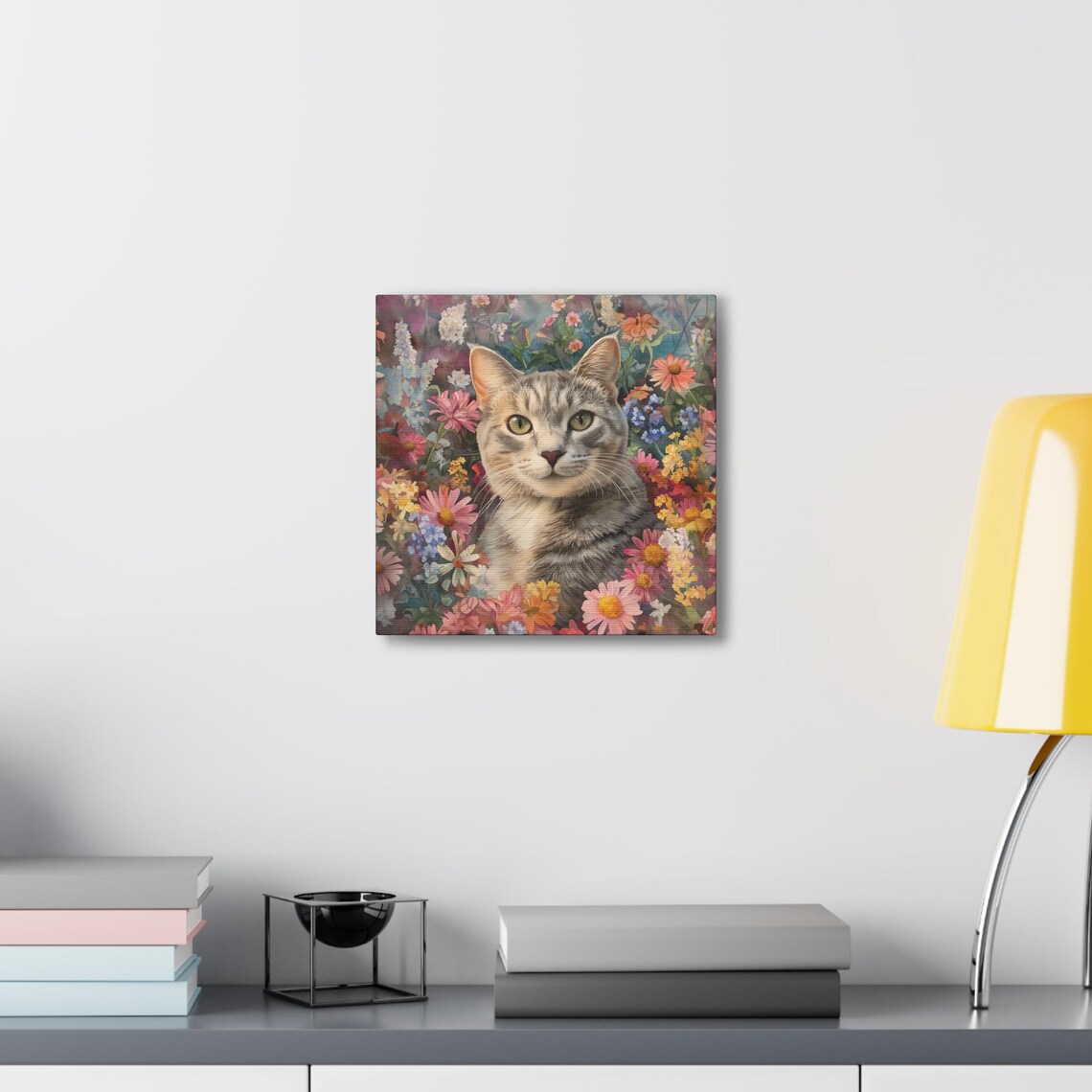 Silver Tabby Cat With Green Eyes Emerging From Colorful Wildflower Blooms Poster - Image 6