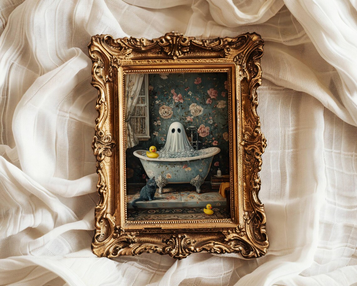 Ghost With Rubber Duck Bath Art, Gray Cat Print - Image 5