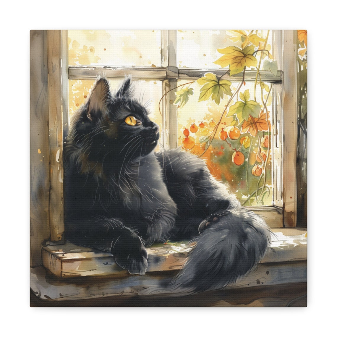Black Cat Resting on an Autumn Window Sill With Leaves Poster
