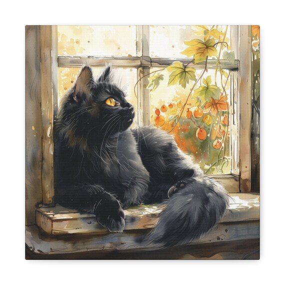 Black Cat Resting on an Autumn Window Sill With Leaves Poster