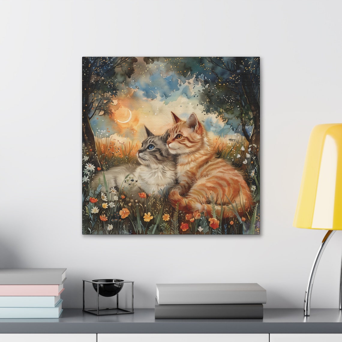 Two Cuddling Cats in a Dreamy Moonlit Wildflower Meadow Poster - Image 3