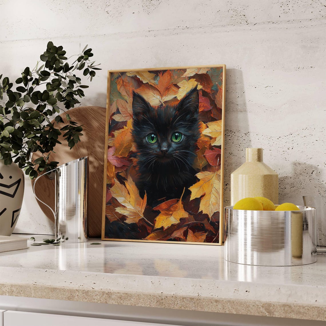 Black Kitten With Green Eyes Among Autumn Fall Leaves Poster - Image 4