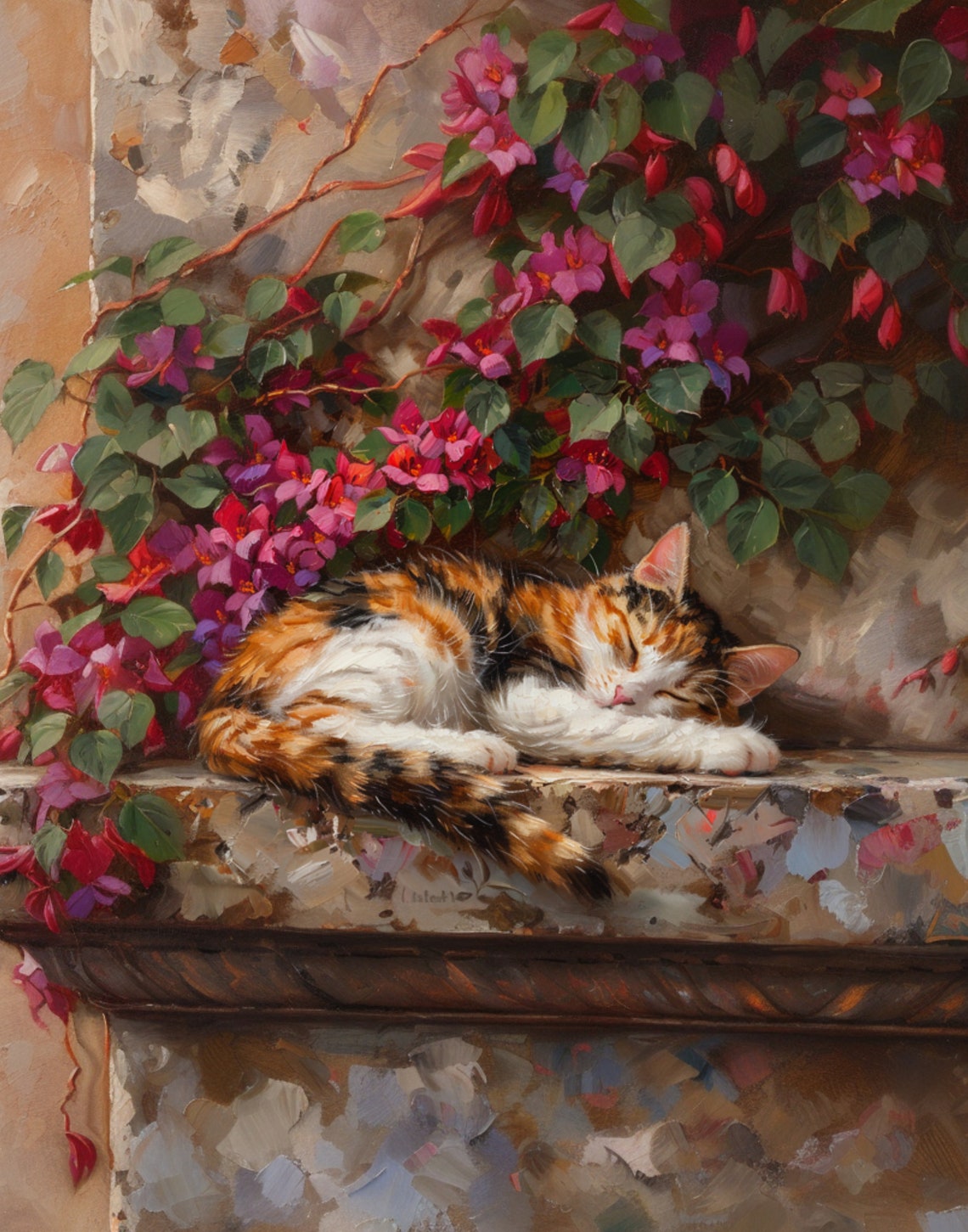 Calico Cat Sleeping On A Ledge Under Pink Bougainvillea Vines Poster - Image 4