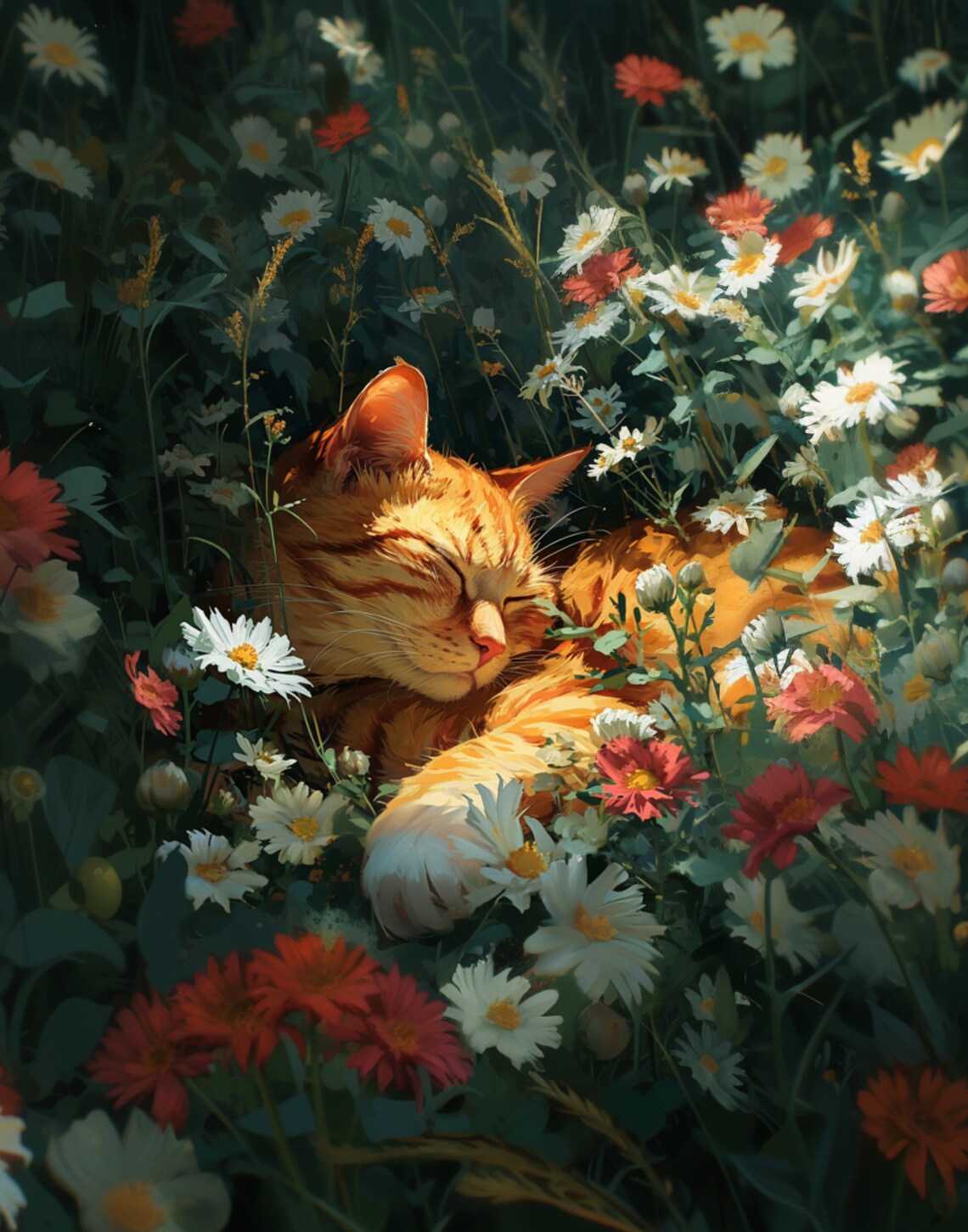 Orange Cat Sleeping in Meadow of Daisies and Red Wildflowers Poster - Image 4