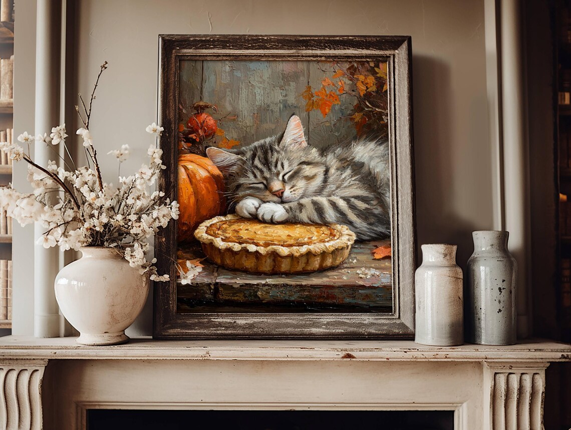 Tabby Cat and Pumpkin Pie Thanksgiving Art Print - Image 6